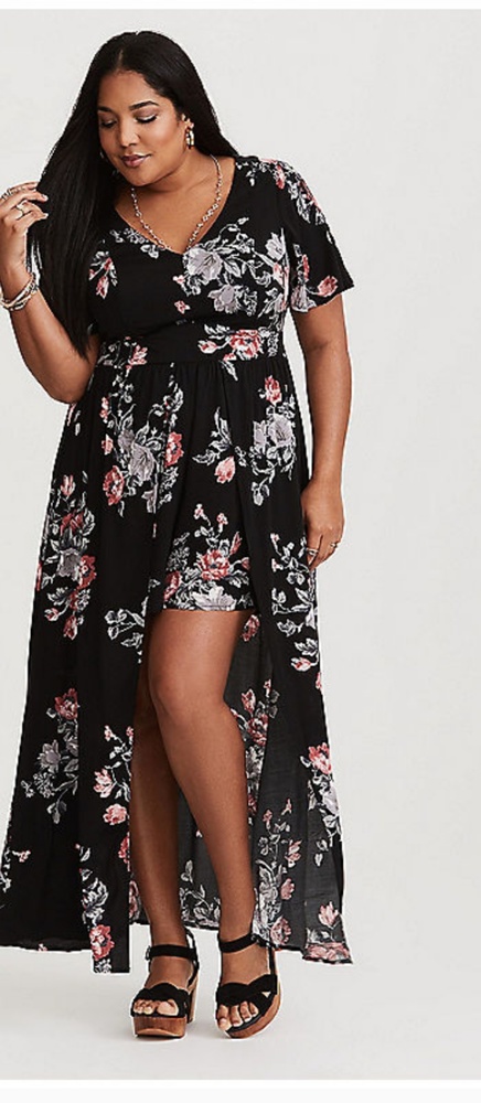 Black floral challis over skirt romper